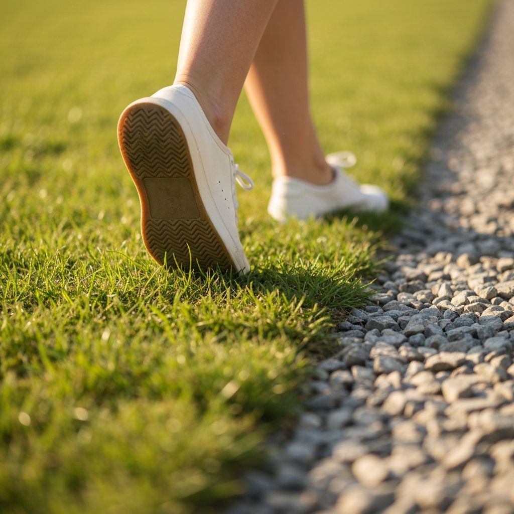 Feet walking on varied terrain